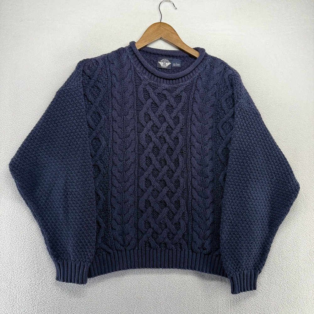 Vintage Dockers Sweater Mens Large Blue Cable Knit Pullover USA Made Roll Neck